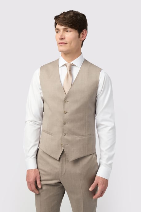 Tailored Fit Stone Super 110''s Twill Waistcoat - Image 1