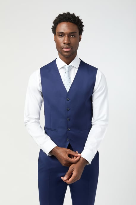Slim Fit Italian Super 110''s Blue Twill Waistcoat - Image 1