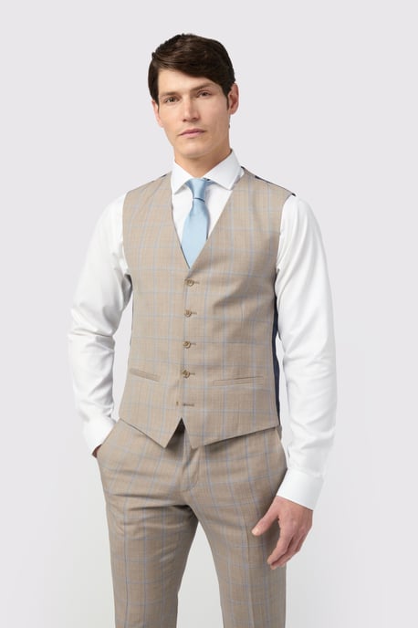 Slim Fit Italian Oatmeal Blue Check Waistcoat - Image 1