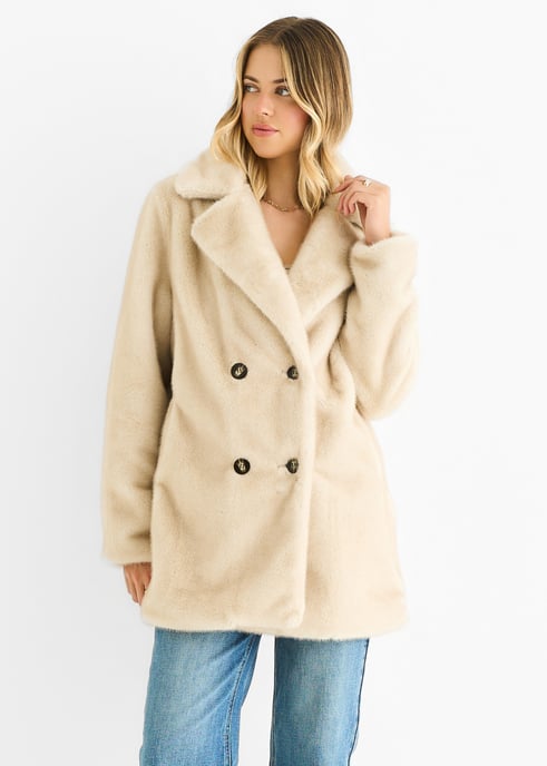 Beige Faux Fur Double Breasted Longline Jacket - Image 3