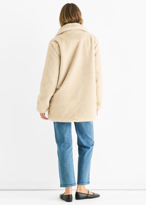 Beige Faux Fur Double Breasted Longline Jacket - Image 4
