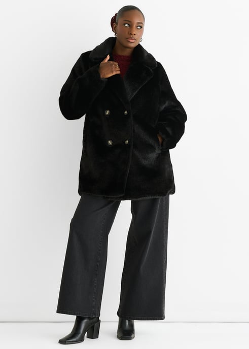 Black Faux Fur Double Breasted Longline Jacket - Image 1