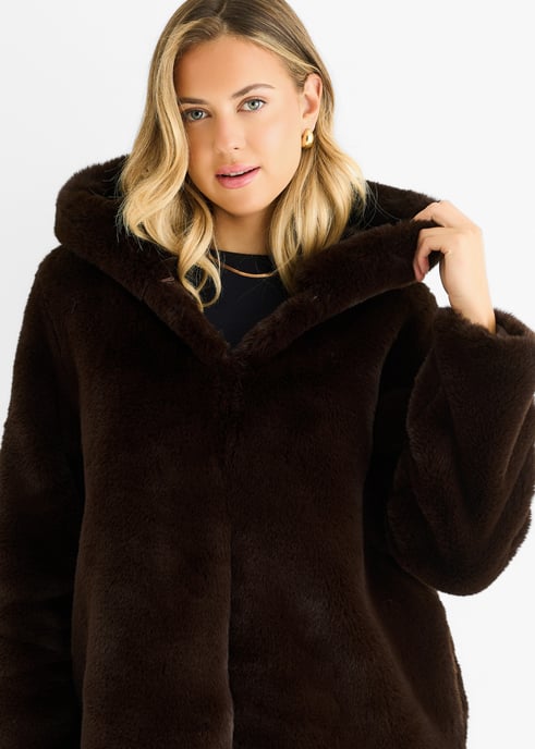 Chocolate Hooded Long Sleeve Faux Fur Jacket - Image 2