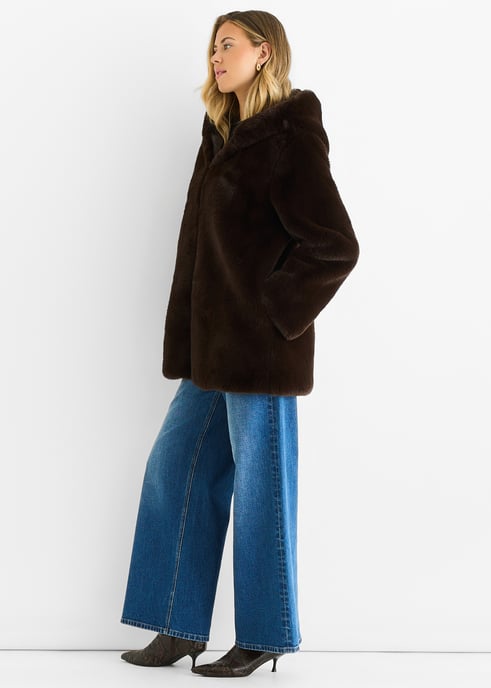 Chocolate Hooded Long Sleeve Faux Fur Jacket - Image 3