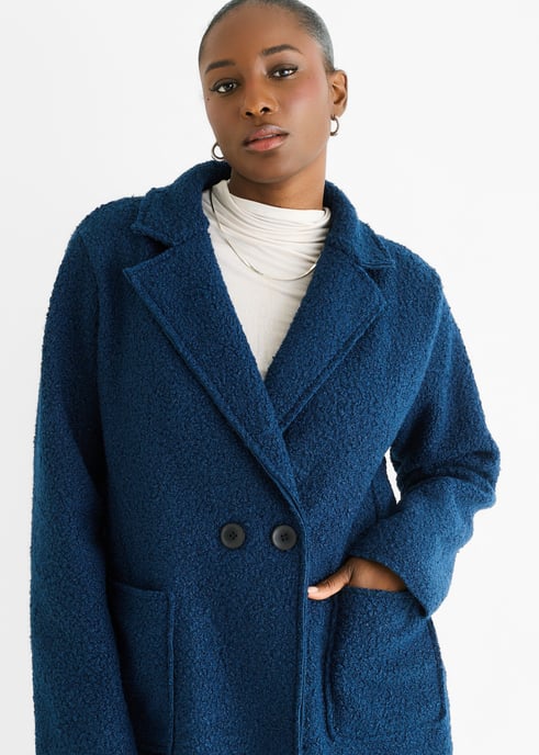 Navy Shearling Mid Length Double Breasted Jacket - Image 2
