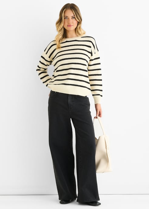 Beige randig grovstickad oversized tröja - Image 1