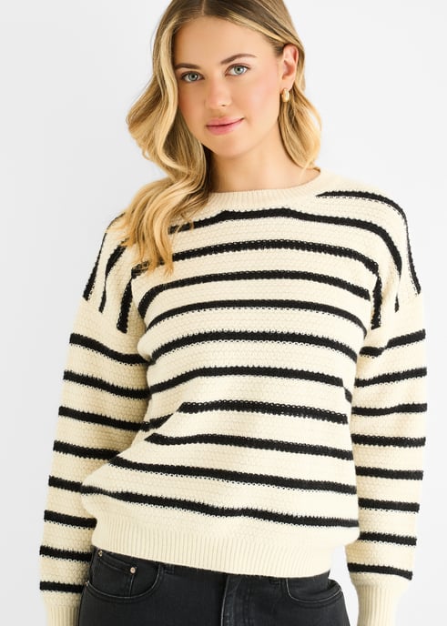 Beige randig grovstickad oversized tröja - Image 2