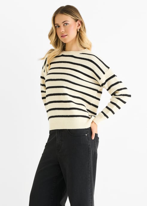 Beige randig grovstickad oversized tröja - Image 3