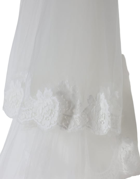 White Floral Lace Nylon Floor Length Wedding Veil - Image 1