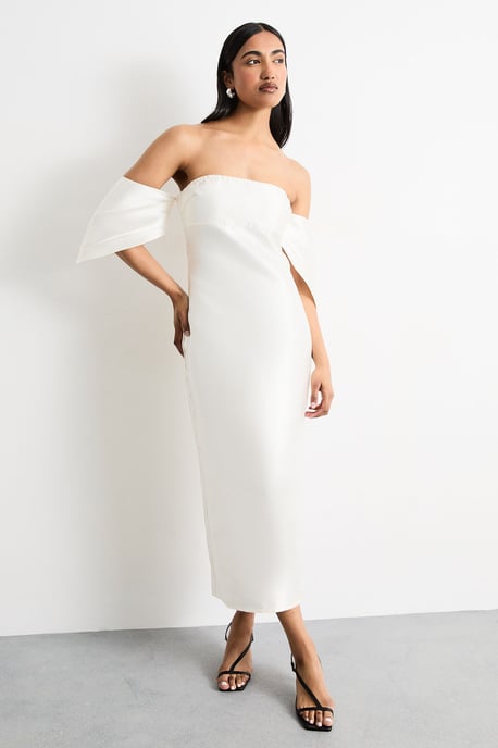 Structured Puff Sleeve Bardot Midi Dress - Image 1