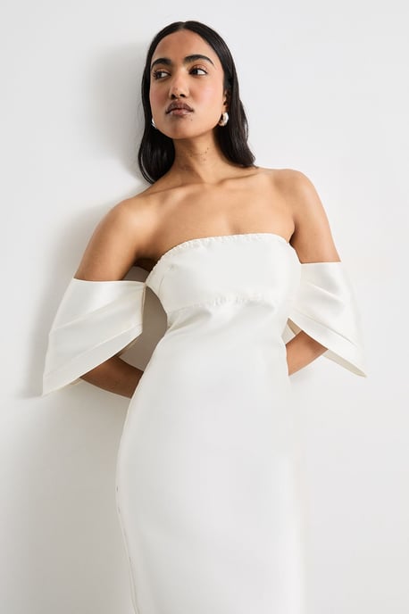 Structured Puff Sleeve Bardot Midi Dress - Image 2