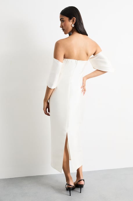Structured Puff Sleeve Bardot Midi Dress - Image 3