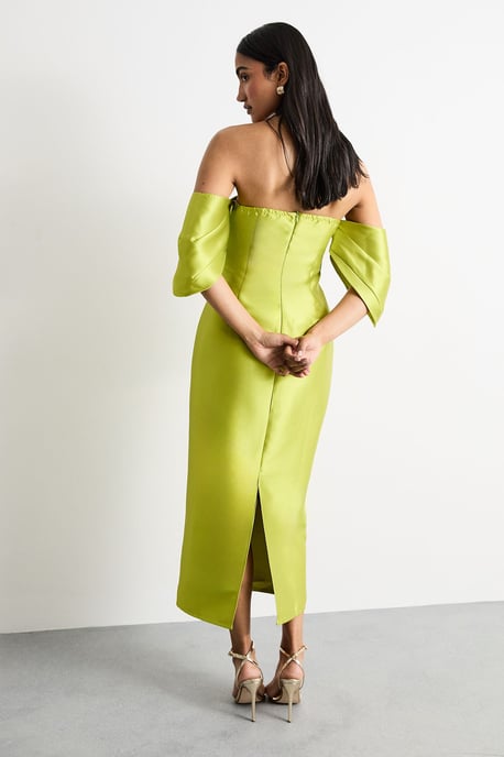 Structured Puff Sleeve Bardot Midi Dress - Image 3