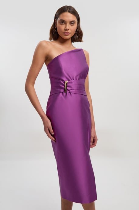 Satin Twill Trim Detail Structured Asymmetric Neck Tailored Midi Dress - Image 1