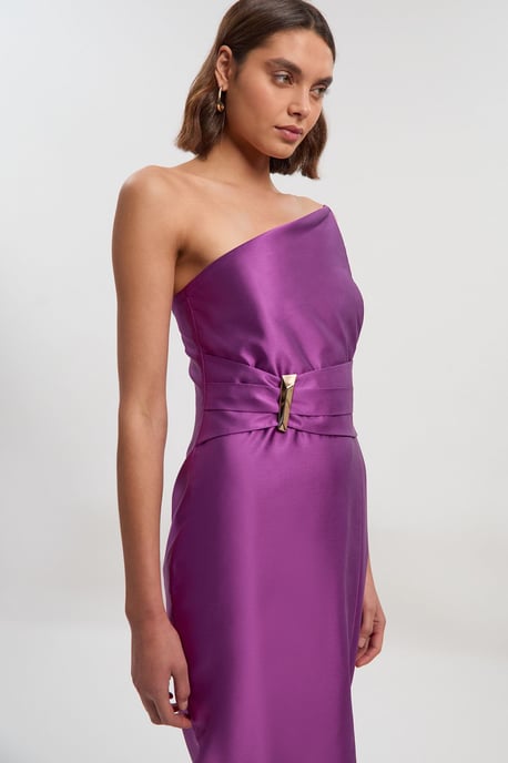Satin Twill Trim Detail Structured Asymmetric Neck Tailored Midi Dress - Image 2