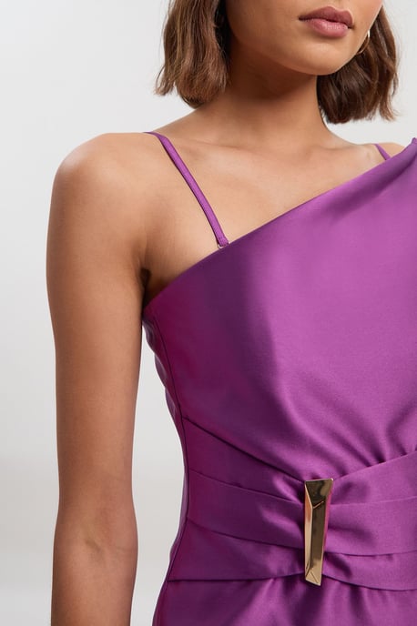 Satin Twill Trim Detail Structured Asymmetric Neck Tailored Midi Dress - Image 4