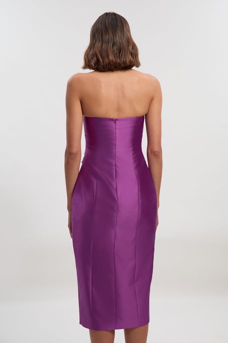 Satin Twill Trim Detail Structured Asymmetric Neck Tailored Midi Dress - Image 5