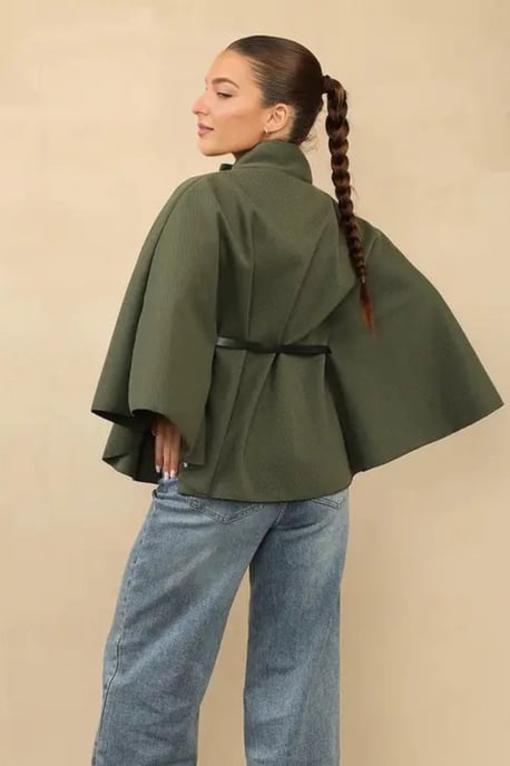 Belted High Neck Cape Coat - Image 2