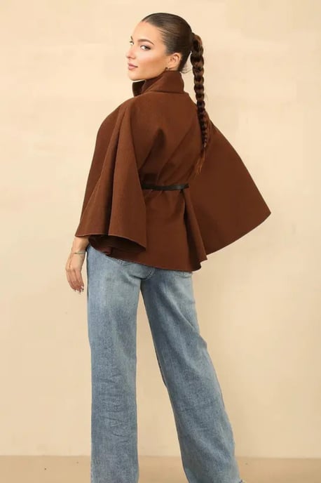 Belted High Neck Cape Coat - Image 2