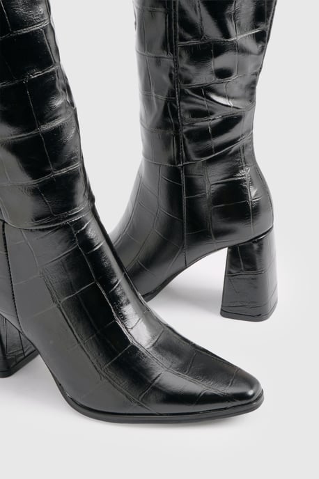 Croc Block Heel Knee High Boots - Image 6