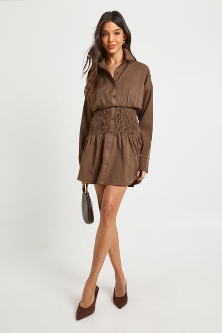 Textured Shirred Waist Shirt Dress - Image 3