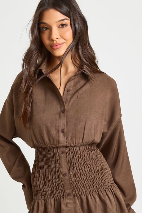 Textured Shirred Waist Shirt Dress - Image 4