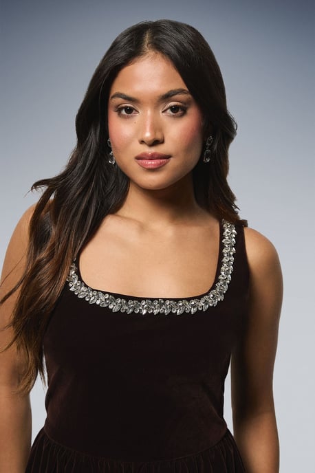 Petite Velvet Embellished Neckline Structured Midi Dress - Image 4