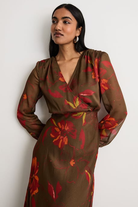 Printed Shoulder Pad V Neck Tie Detail Midi Dress - Image 2