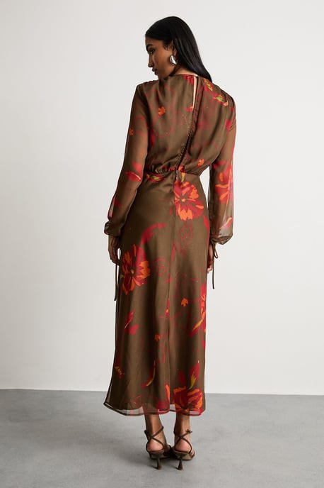 Printed Shoulder Pad V Neck Tie Detail Midi Dress - Image 3