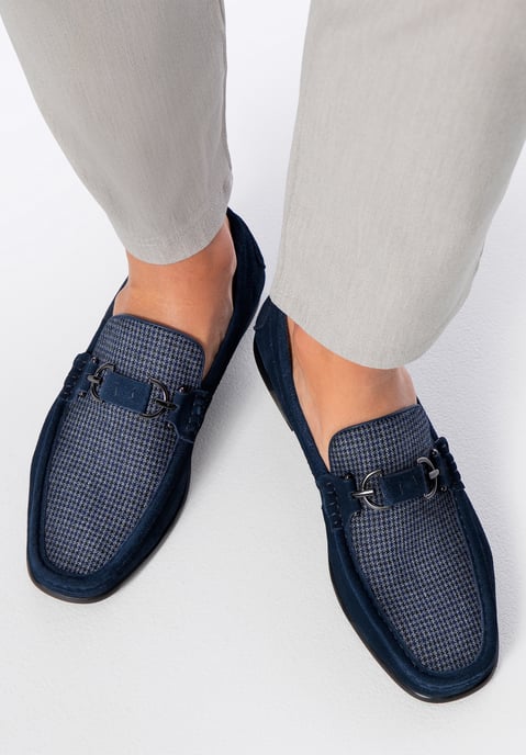 Wittchen Heren Marineblauwe Geruite Stoffen Mocassins met Suède Leer - Image 1