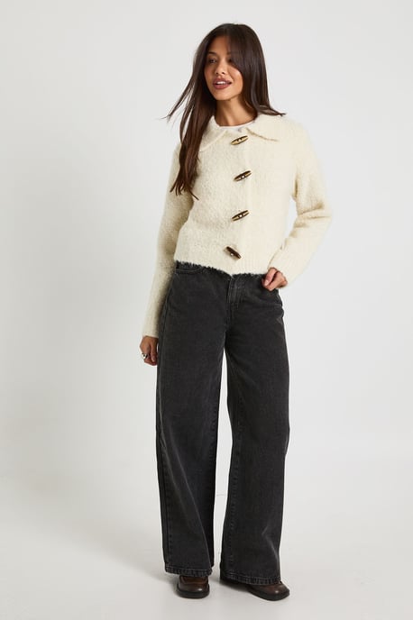 Chunky Boucle Knit Toggle Button Collar Detail Knitted Jumper - Image 3