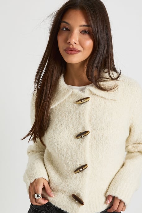 Chunky Boucle Knit Toggle Button Collar Detail Knitted Jumper - Image 4