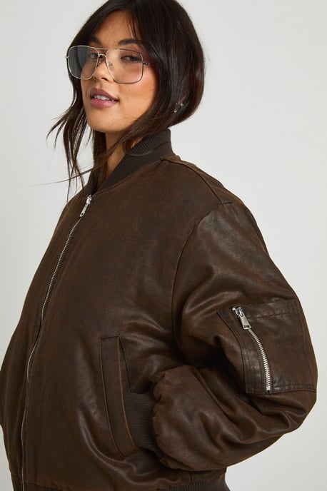 Vintage Look Faux Leather Oversized Bomber Jacket - Image 4