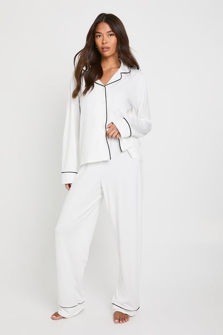 Jersey Piping Detail Long Sleeve Shirt & Trousers Pyjama Set - Image 3
