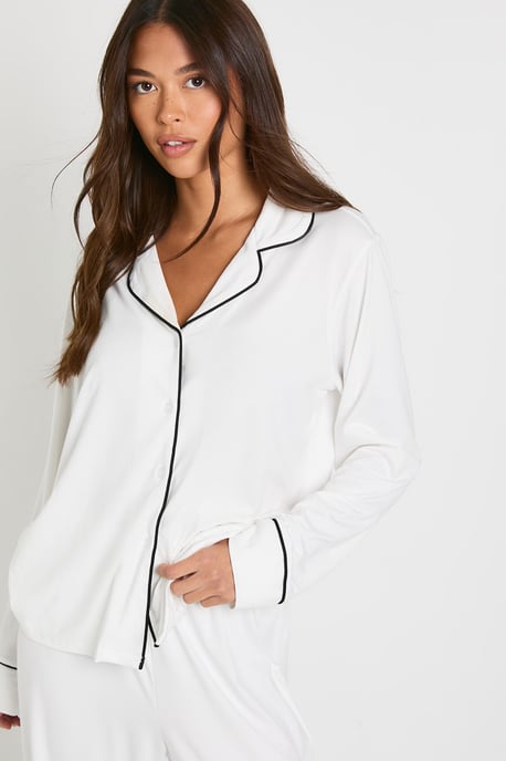Jersey Piping Detail Long Sleeve Shirt & Trousers Pyjama Set - Image 4