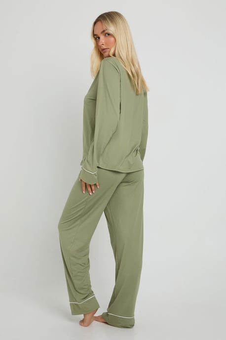 Jersey Piping Detail Long Sleeve Shirt & Trouser Pyjama Set - Image 2