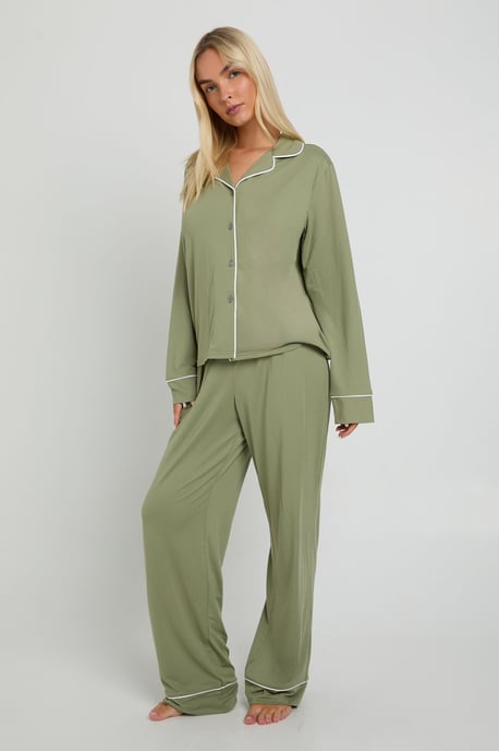 Jersey Piping Detail Long Sleeve Shirt & Trouser Pyjama Set - Image 3