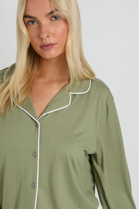 Jersey Piping Detail Long Sleeve Shirt & Trouser Pyjama Set - Image 4