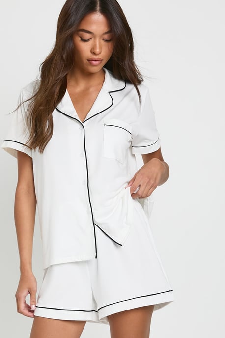 Jersey Piping Detail Short Sleeve Shirt & Shorts Pyjama Set - Image 1