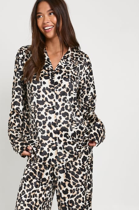 Oversized Leopard Print Satin Long Sleeve Shirt & Trousers Pyjama Set - Image 1