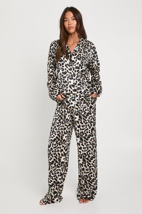 Oversized Leopard Print Satin Long Sleeve Shirt & Trousers Pyjama Set - Image 3