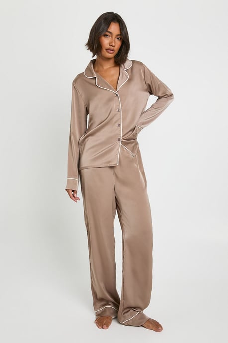 Tall Satin Piping Detail Long Sleeve Shirt & Trousers Pyjama Set - Image 1