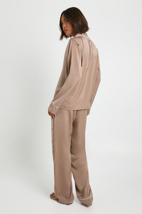 Tall Satin Piping Detail Long Sleeve Shirt & Trousers Pyjama Set - Image 2