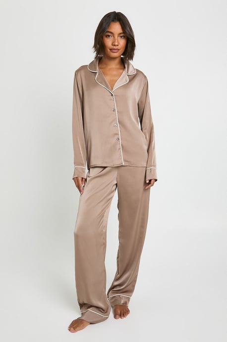 Tall Satin Piping Detail Long Sleeve Shirt & Trousers Pyjama Set - Image 3