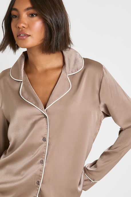Tall Satin Piping Detail Long Sleeve Shirt & Trousers Pyjama Set - Image 4