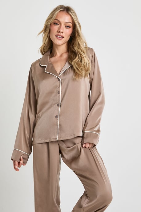 Petite Satin Piping Detail Long Sleeve Shirt & Trousers Pyjama Set - Image 1