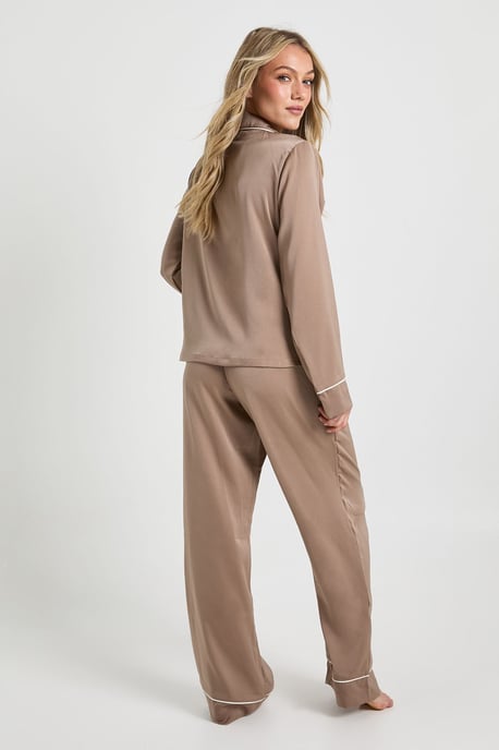 Petite Satin Piping Detail Long Sleeve Shirt & Trousers Pyjama Set - Image 2