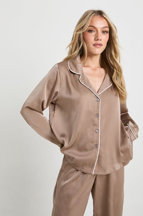 Petite Satin Piping Detail Long Sleeve Shirt & Trousers Pyjama Set - Image 4