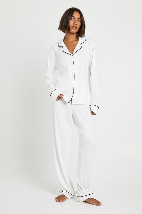 Tall Jersey Piping Detail Long Sleeve Shirt & Trousers Pyjama Set - Image 1