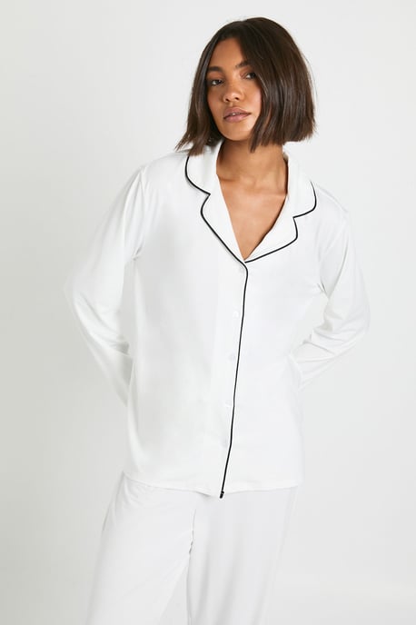 Tall Jersey Piping Detail Long Sleeve Shirt & Trousers Pyjama Set - Image 3